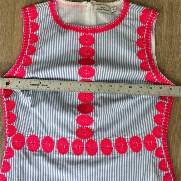 VINEYARD VINES BLUE STRIPED SLEEVELESS DRESS PINK APPLIQUES ZIPPER BACK size 4 - Picture 5 of 11